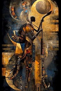 Gold and indigo painting of a figure holding a long staff
