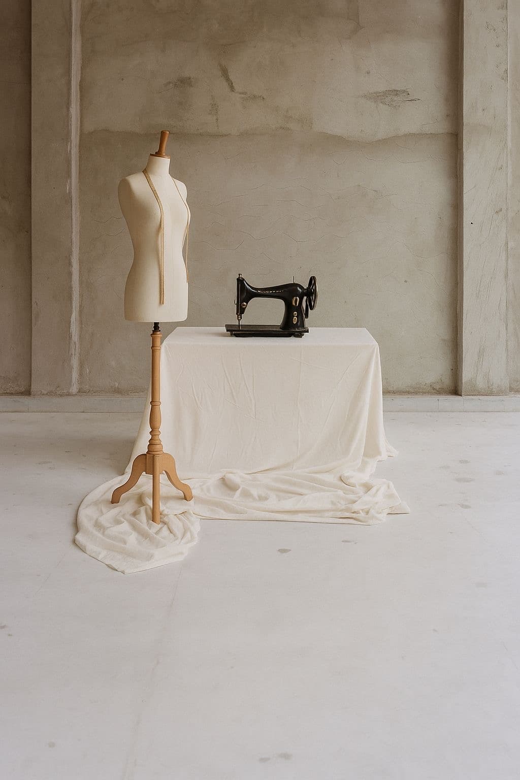 Dress form and a vintage sewing machine in a bare plaster room