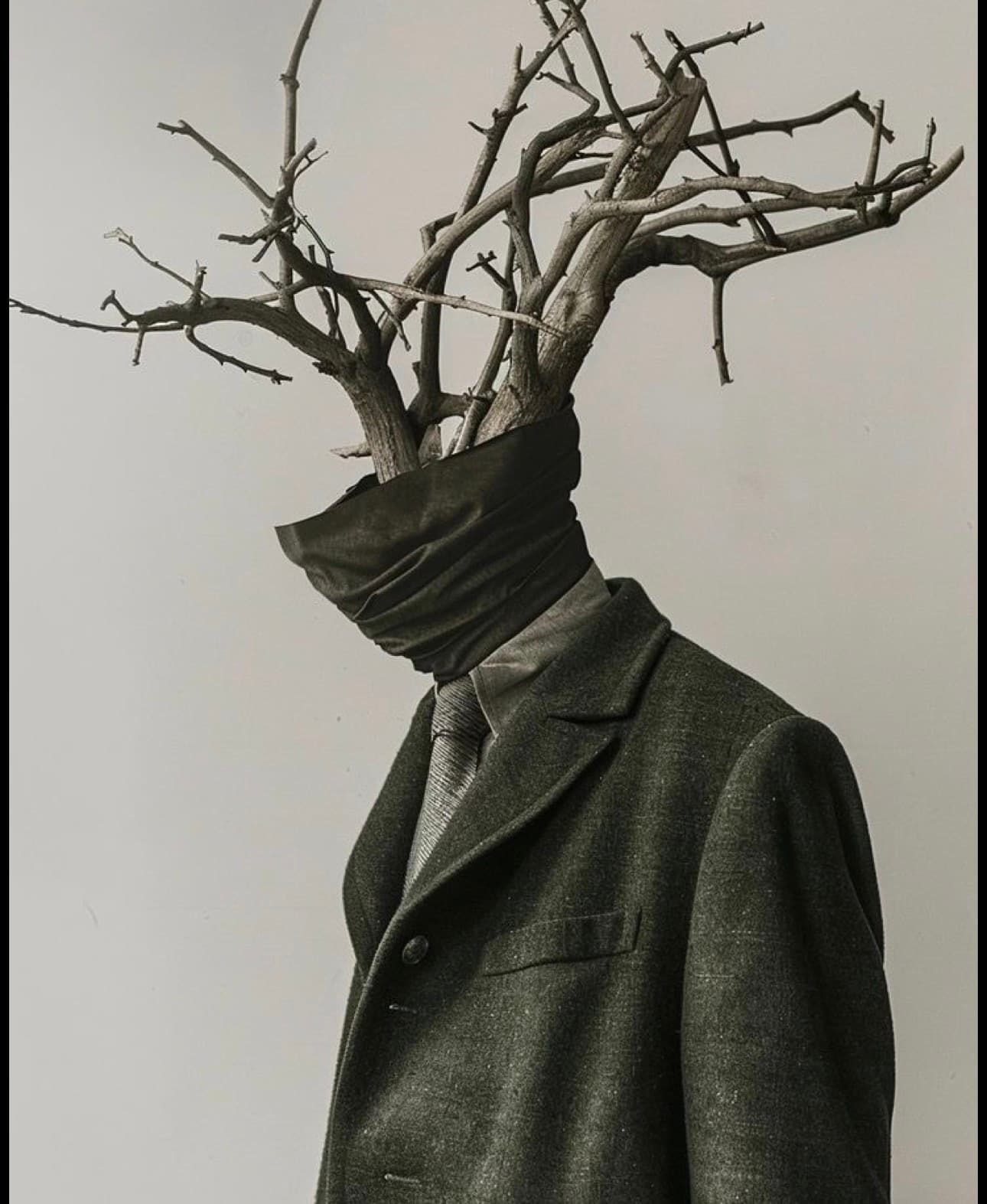 Figure in a wool coat whose head is a bare branching tree
